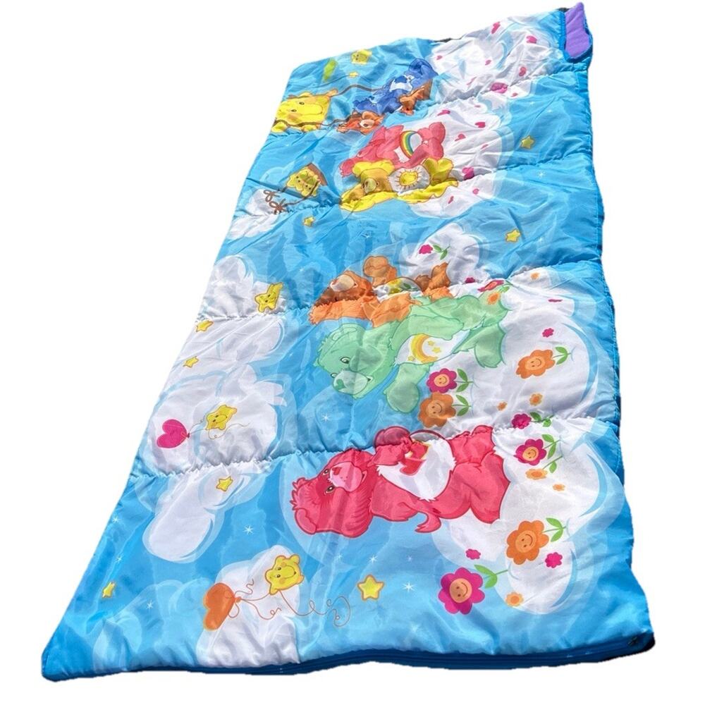 Vtg Playhut Care Bears Sleeping Bag 56x56 Flannel Zipper Cartoon Kids Y2K 2003